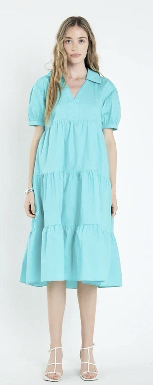 NWT English Factory Short Puff Sleeved Midi Dress “Emerald” Teal Size M